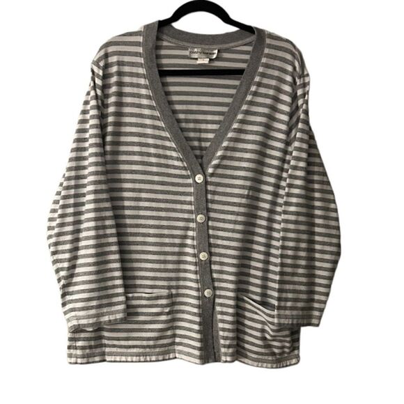 Cathy Daniels Gray Stripe Button Down V-Neck Knit Top Size 1X - Picture 1 of 4